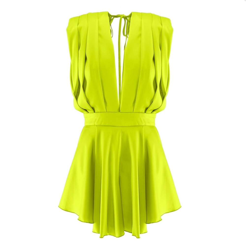 BLUZAT NEON GREEN MINI DRAPED JUMPSUIT
